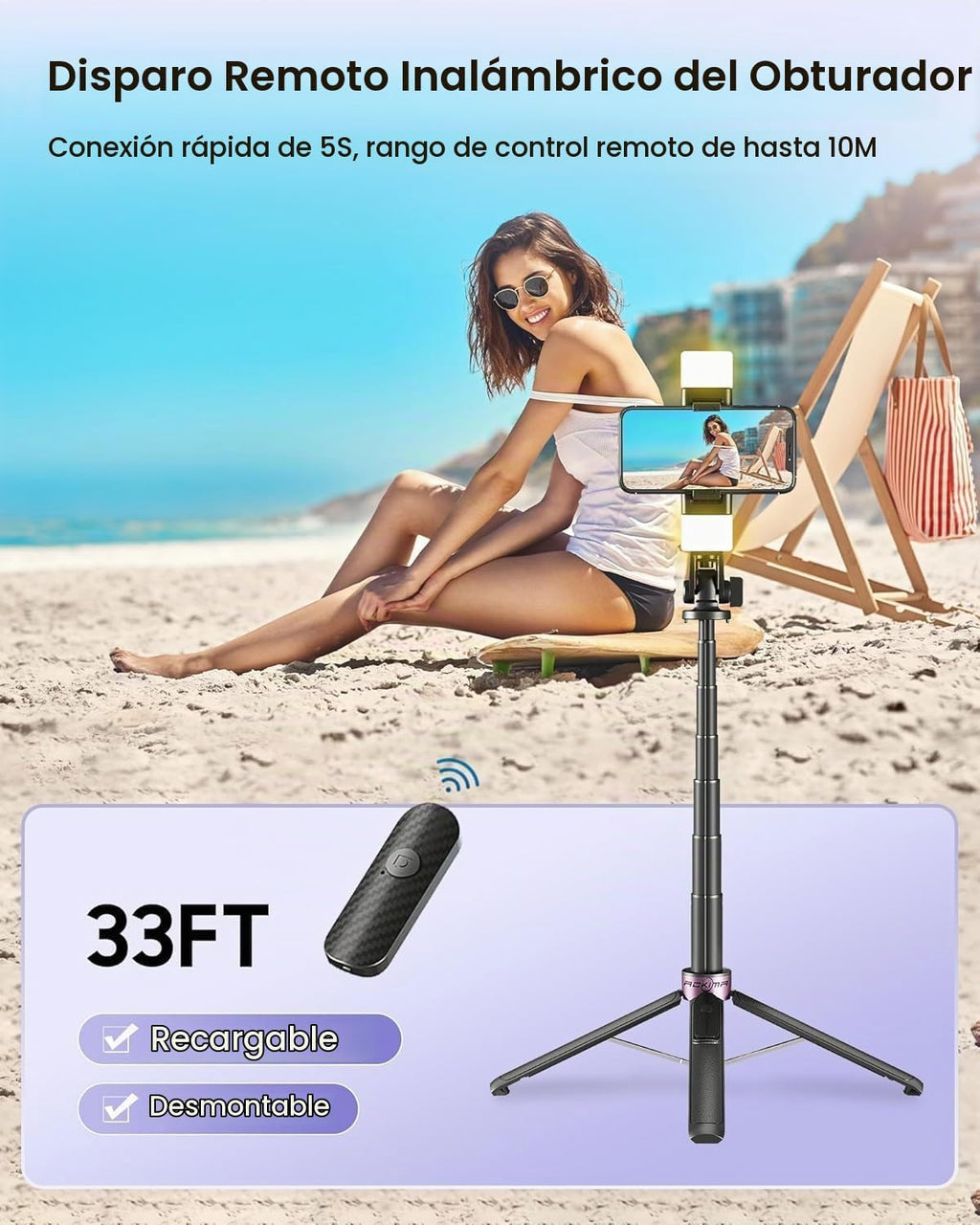 Trípode para selfie stick de 53 pulgadas con luz, soporte mejorado para teléfono celular de 4 patas, trípode para cámara con control remoto inalámbrico recargable y 2 luces de llenado, portátil