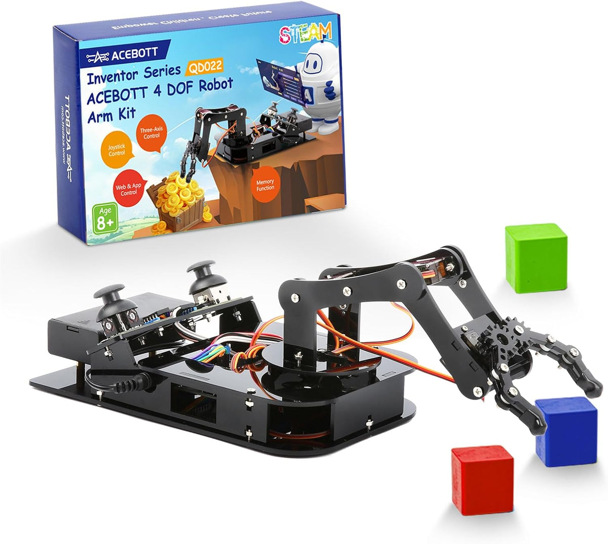4DOF Kit de brazo robótico para niños compatible con Arduino IDE, programación ESP32 Kit de construcción de brazo robot inteligente STEM juguete educativo de escritorio con joystick y control de