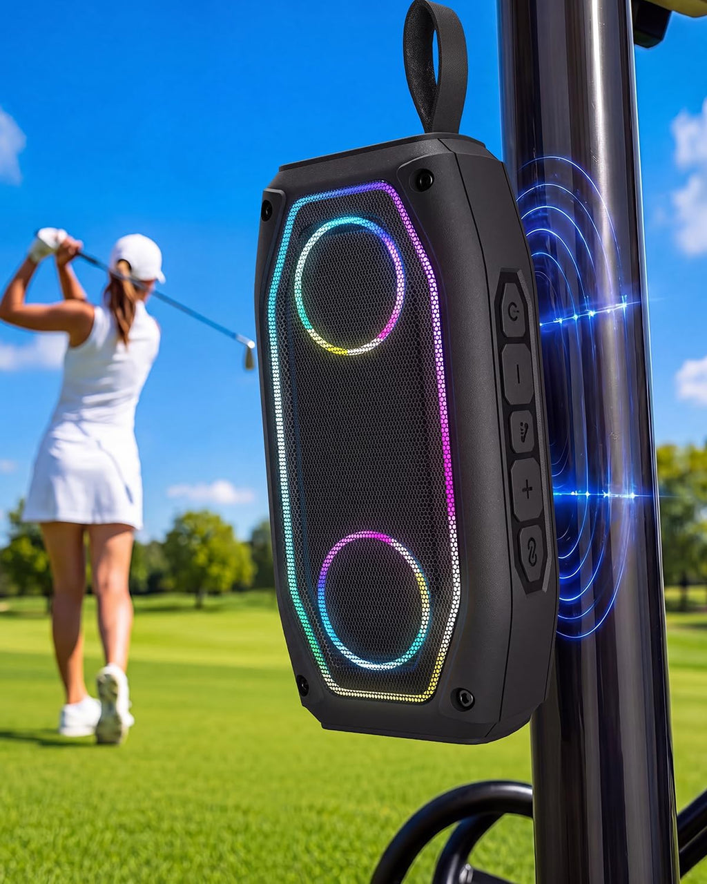 Qozybuds Altavoz de golf magnético, altavoz portátil Bluetooth 6.0 para carrito de golf de 30 W, IPX6 impermeable, tiempo de reproducción de 30 horas, estéreo TWS, luz RGB, altavoz al aire libre a