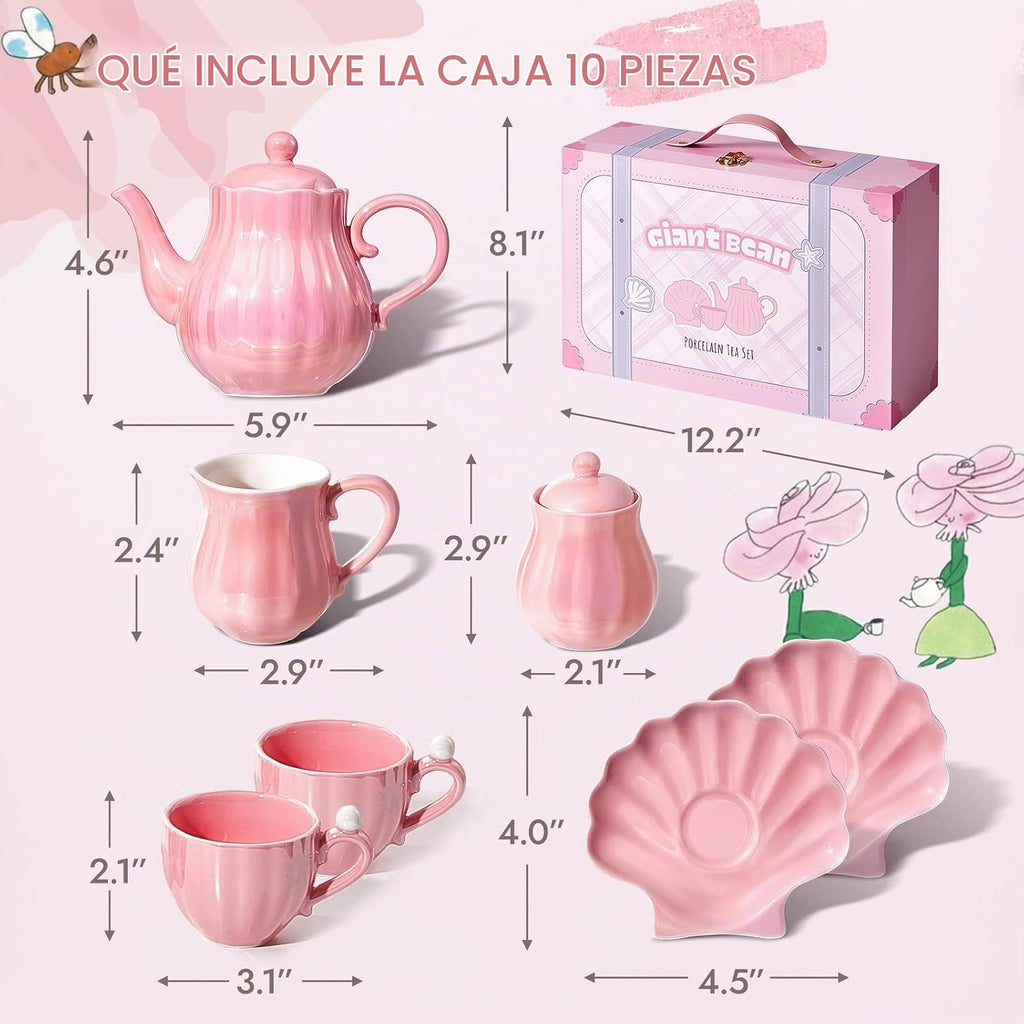 Juego de té de porcelana Giant bean, color rosa perla, set real para fiesta de té