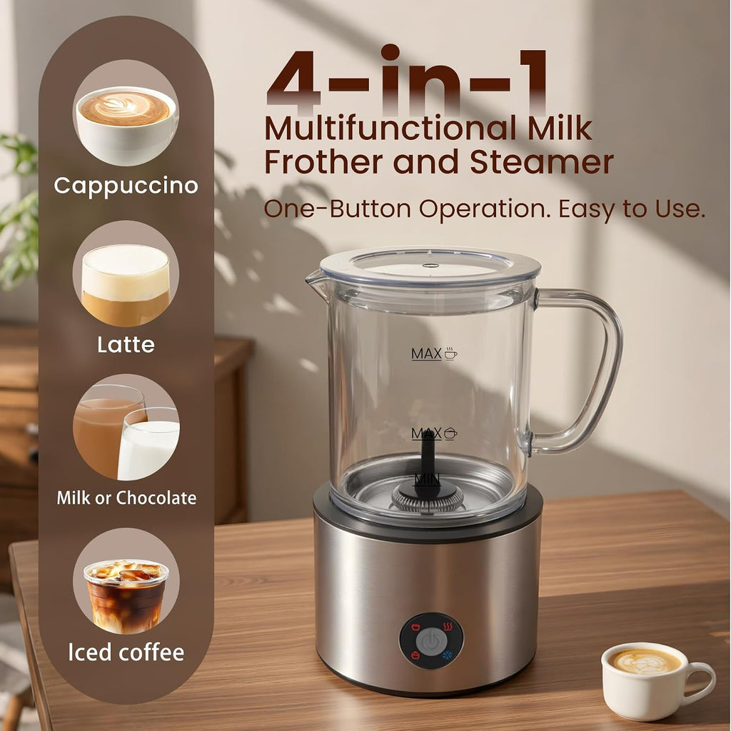Espumador de leche desmontable, espumador de leche y vaporizador 4 en 1, apto para lavavajillas, espumador de vidrio de 16.9 onzas, espumador de leche eléctrico para café, café con leche, chocolate