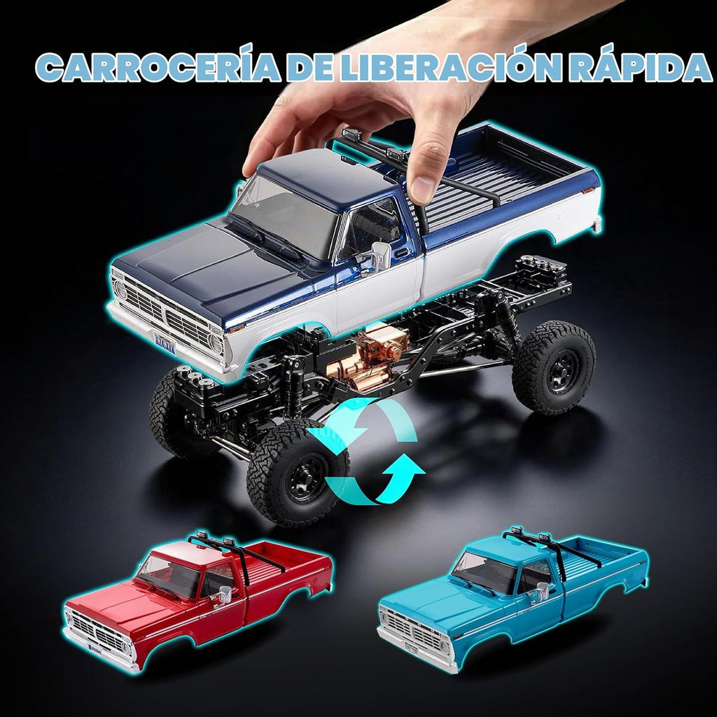 BEEZRC FMS FCX18 II Ford F-100 - Rastreador RC con licencia oficial, camión magnético de liberación rápida a control remoto, chasis LCG, oruga todoterreno para adultos, RTR cepillado (distancia entre