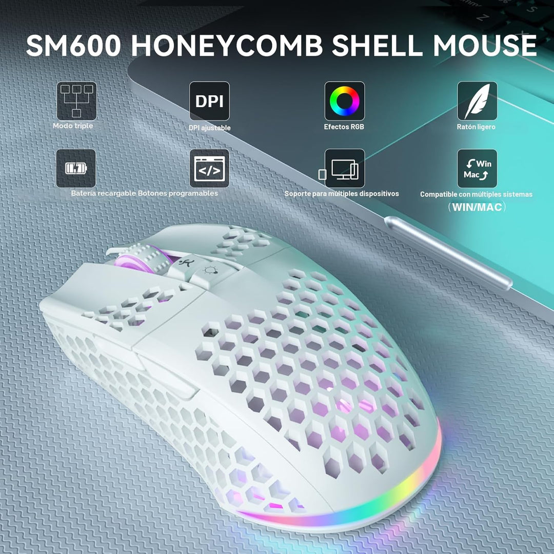 SOLAKAKA SM600 - Ratón inalámbrico blanco para juegos, tres modos B...