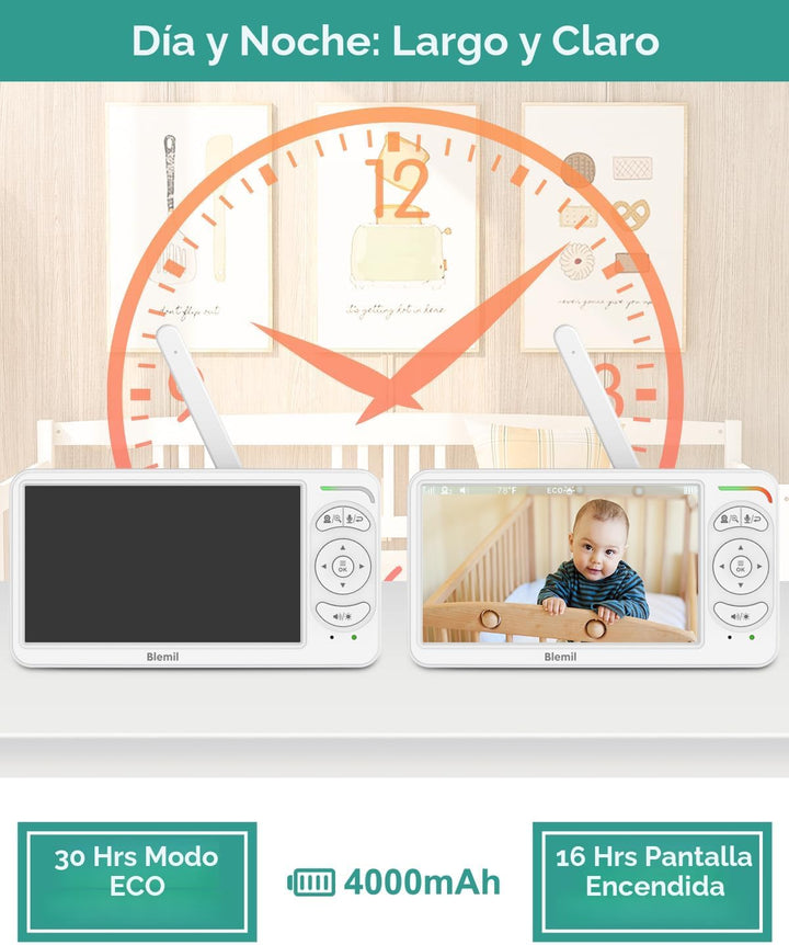 Blemil - Monitor de bebé de 6" con 2 cámaras, batería de 4000mA...