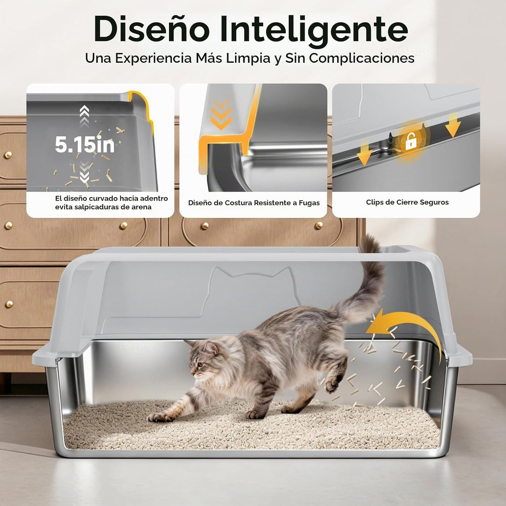 Caja de arena para gatos XL de acero inoxidable de alta cara para