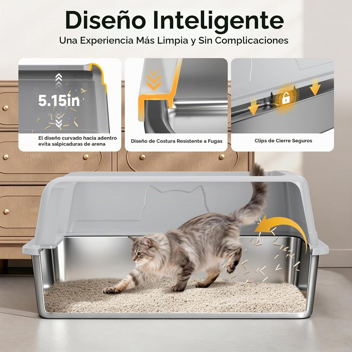 Caja de arena para gatos XL de acero inoxidable de alta cara para