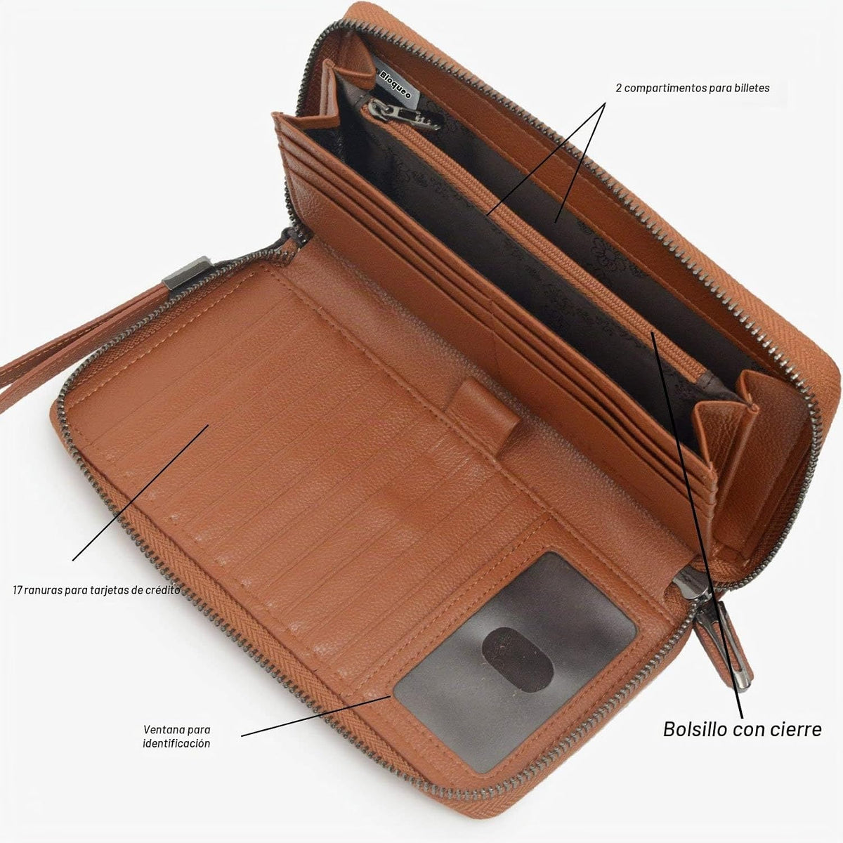 Bveyzi Cartera de piel con bloqueo RFID para mujer, con cremallera alrededor del teléfono, embrague de gran capacidad, bolso de viaje para mujer