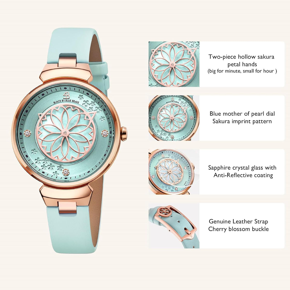 Relojes de Mujer Flor de Cerezo Reloj de Mujer Esfera de Madreperla Reloj de Dama con Correa de Cuero Forma de Pétalo Sakura Relojes de Flor de Cerezo para Mujeres Cristal de Zafiro para Durabilidad y