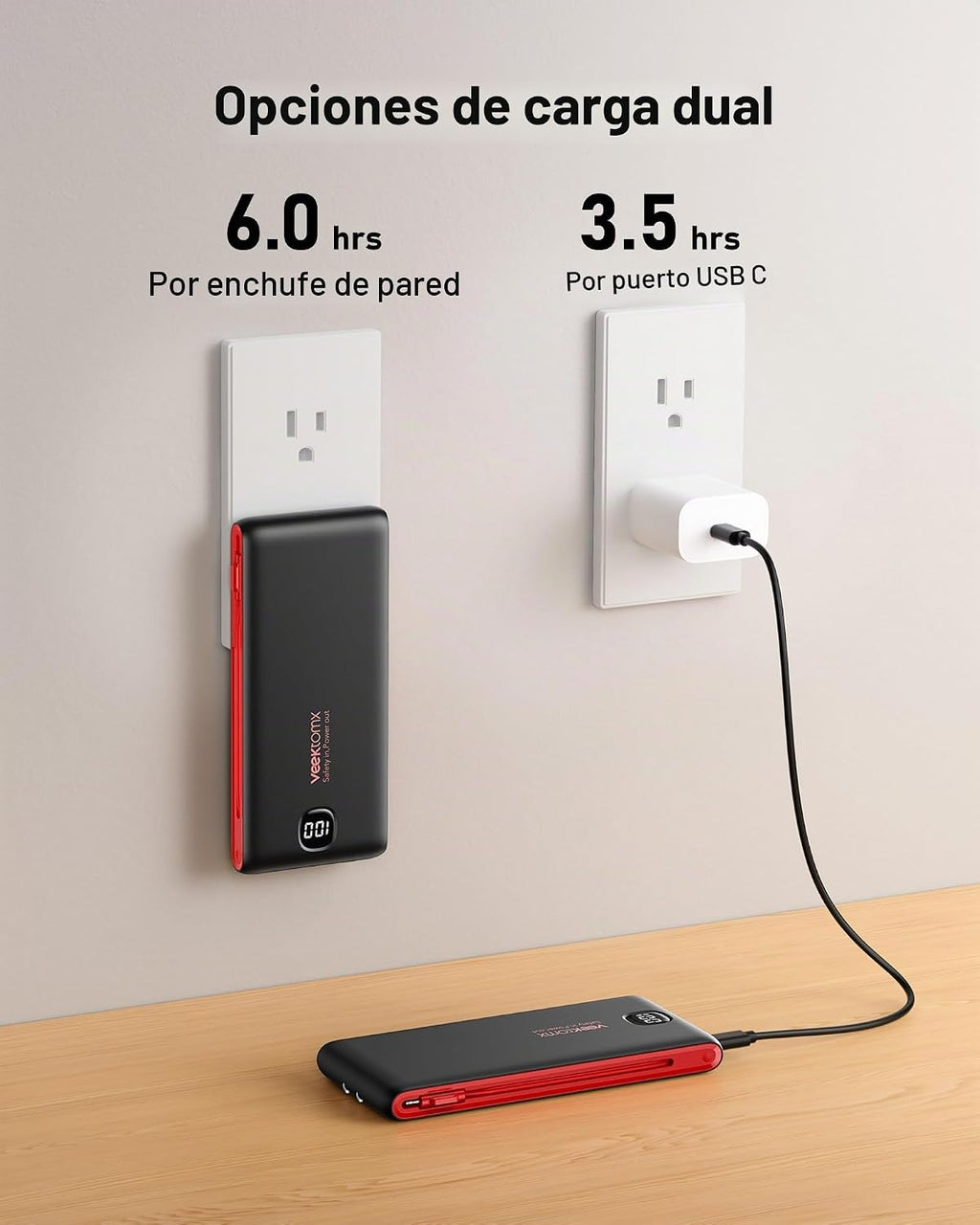 VEEKTOMX Cargador portátil con cables incorporados y enchufe de pared de CA, Negro rojo