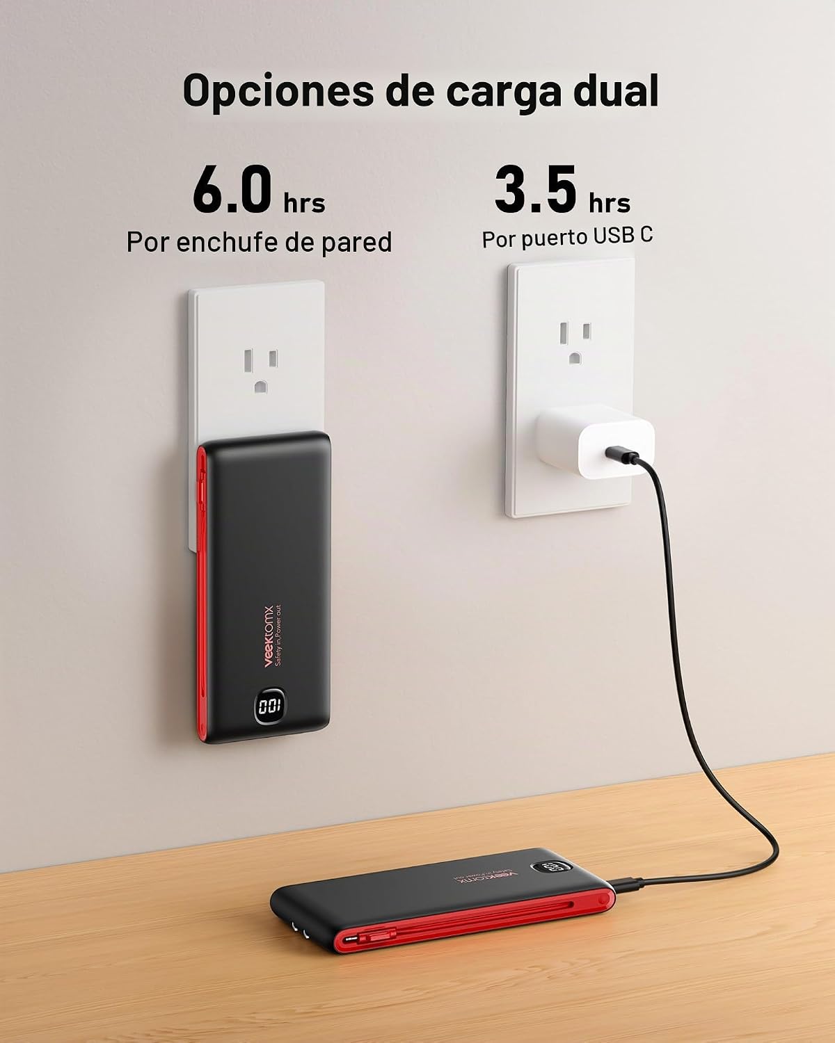 Cargador portátil de batería con cables integrados y enchufe de par...