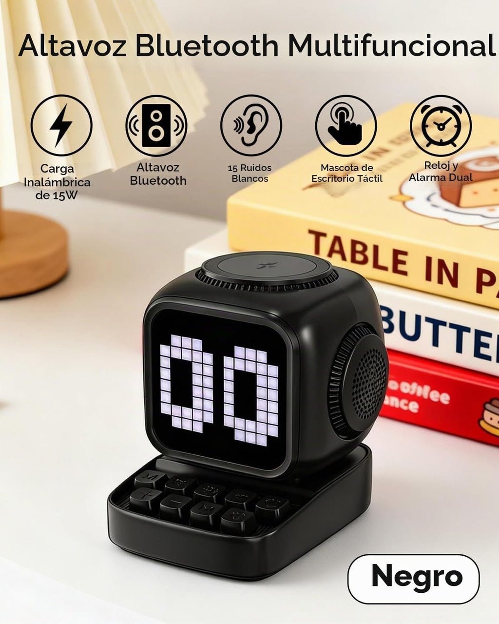 Altavoz Bluetooth 5 en 1 de robot retro: cargador inalámbrico de 15 W, pantalla LED de píxeles, sonido estéreo de 10 W y 15 ruido blanco, reloj despertador, lindo altavoz inalámbrico portátil para