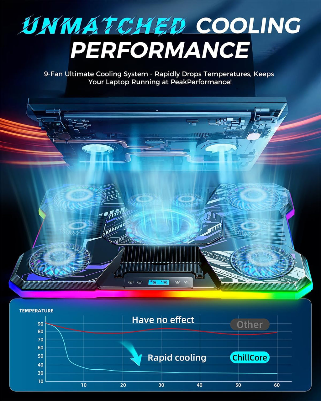 Almohadilla de enfriamiento RGB para laptop, ventilador de laptop para juegos, 9 ventiladores para portátiles de 15.6 a 19.3 pulgadas, enfriador de laptop con 8 soportes de altura, 2 puertos