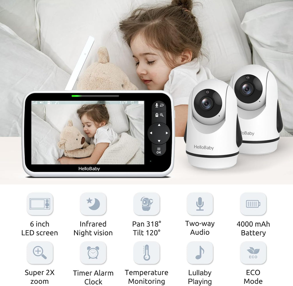 HelloBaby Monitor de Video para Bebés con Pantalla Grande IPS, 6 pulgadas