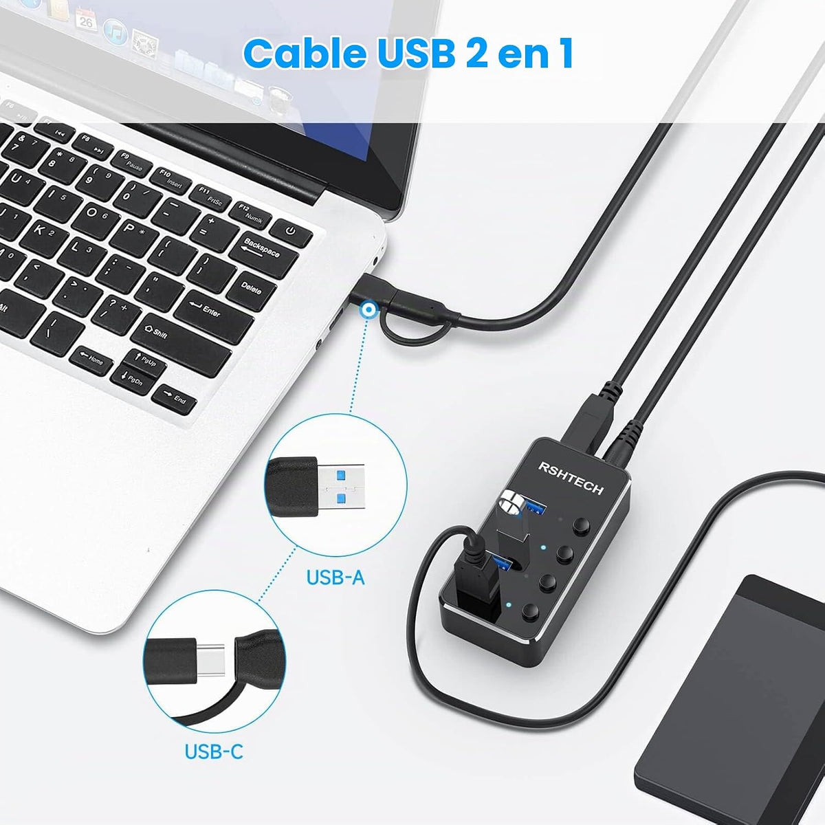 RSHTECH, hub USB 3.0 de 4 puertos, alimentado