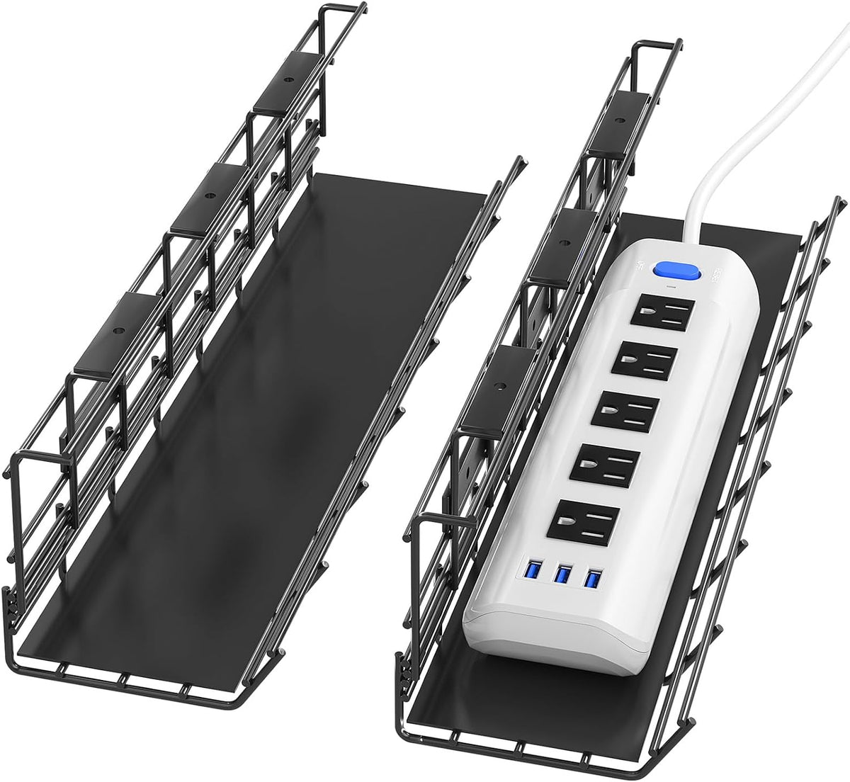 Delamu - Paquete de 2 bandejas de gestión de cables para debajo del escritorio, organizador de cables de metal para escritorio, fácil de instalar, organizador de cables previamente perforados para