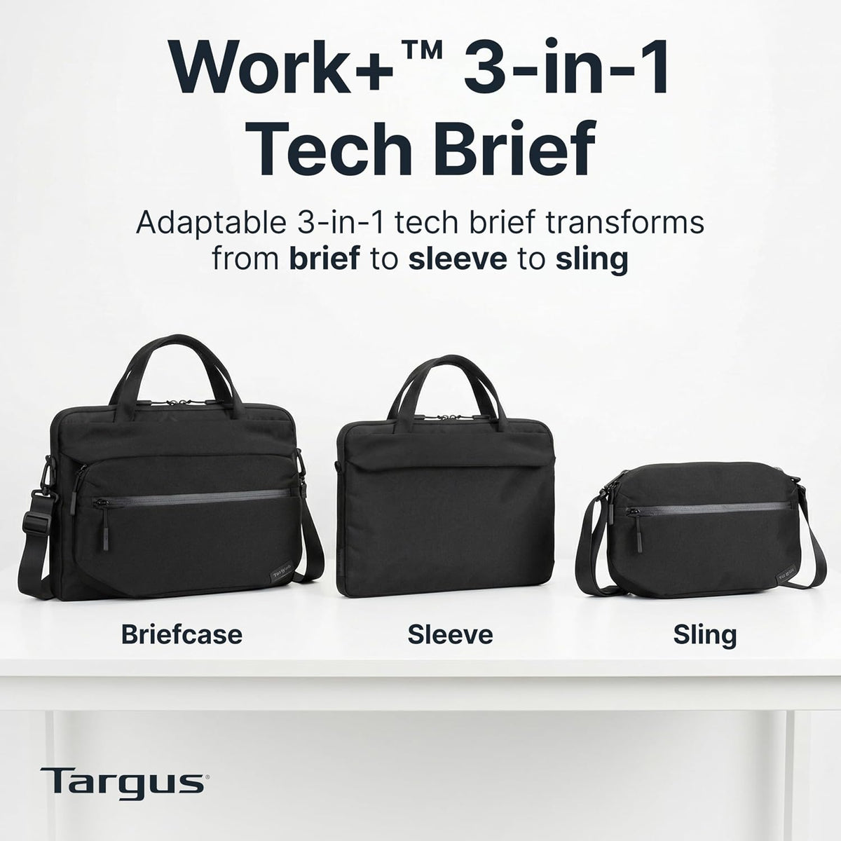 Targus Maletín técnico 3 en 1 Work+ de 13 a 14 pulgadas, maletín modular para laptop con correa de bolsa de tecnología desmontable, protección de 360 para laptop, cremalleras antirrobo, correa para