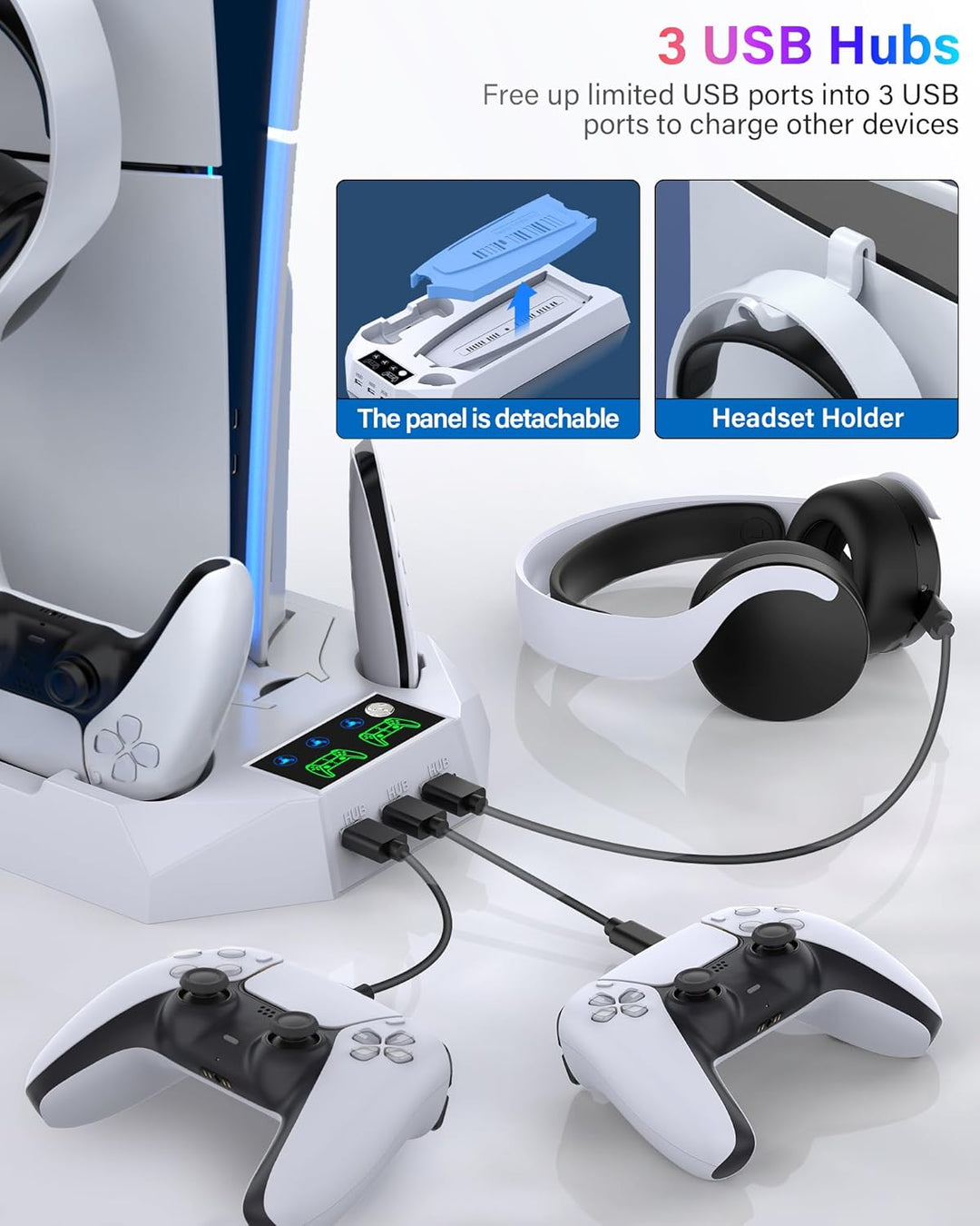 PS5\/PS5 Slim\/PS5 Pro Stand and Cooling Station with Dual Controll...