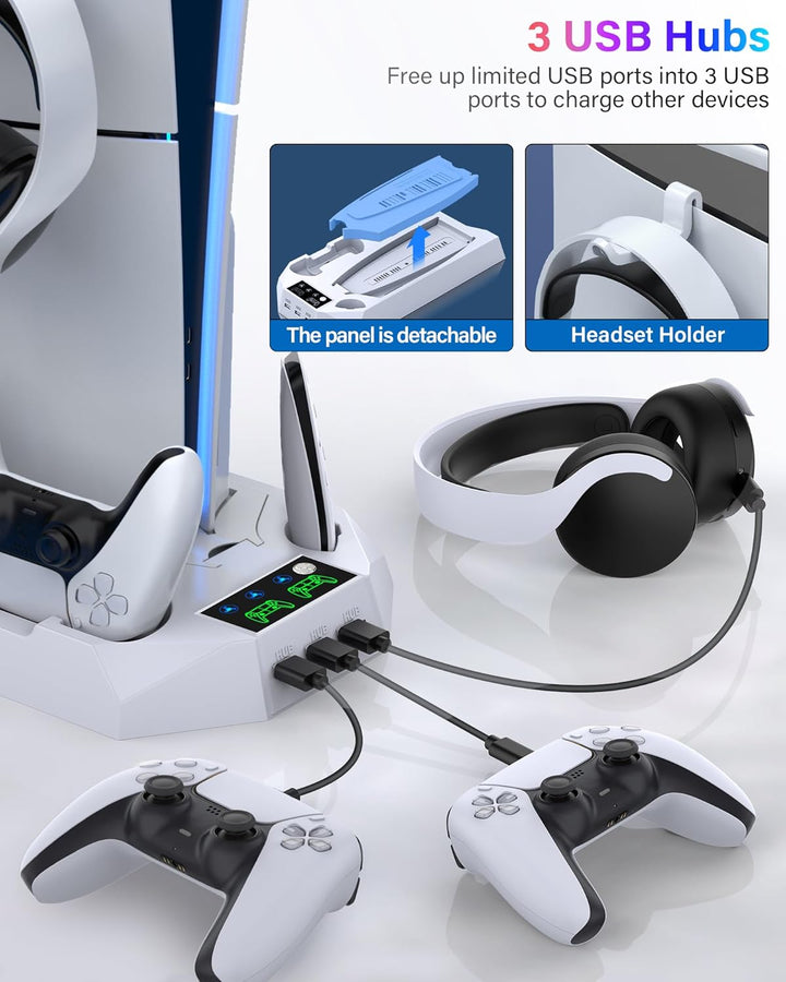 PS5\/PS5 Slim\/PS5 Pro Stand and Cooling Station with Dual Controll...