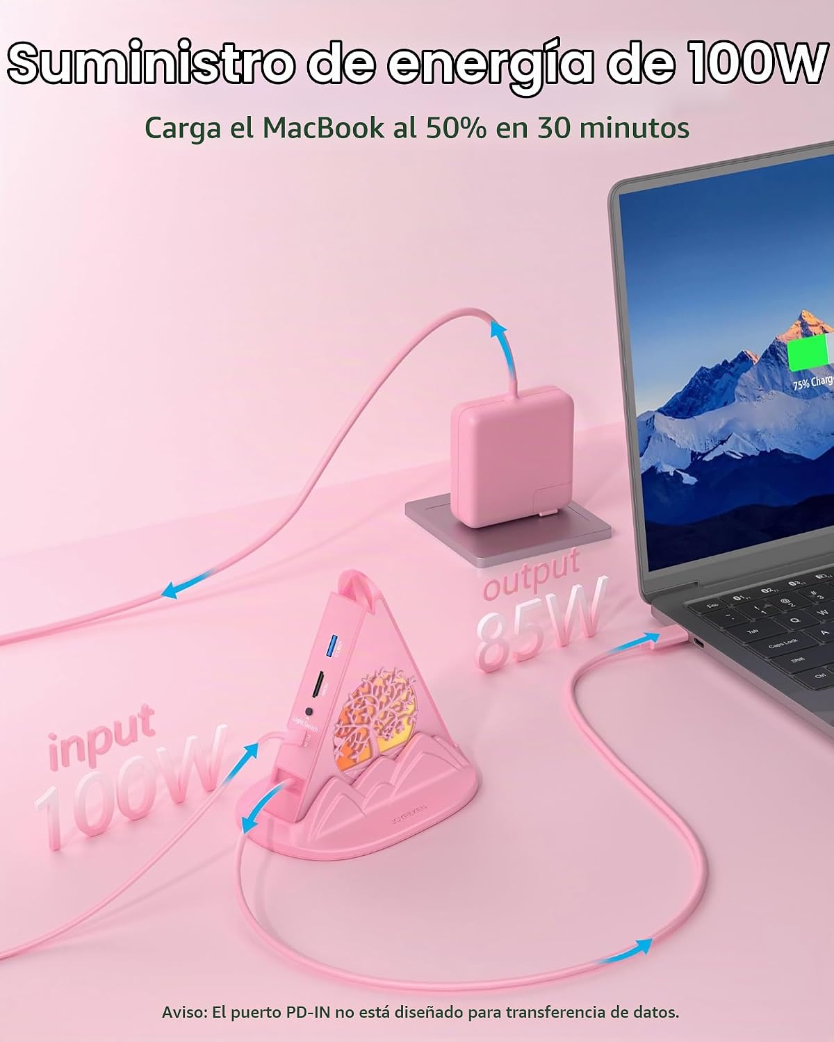 Hub USB C rosa, adaptador multipuerto USB C 8 en 1 con HDMI 4K a 60Hz, carga de energía de 100 W, tipo C de 5 Gbps, 3 USB-A 3.0, ranuras SD/TF e iluminación RGB, concentrador tipo C rosa para MacBook, iPhone17, iPad, XPS (árbol)