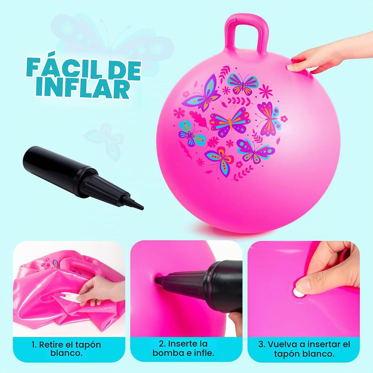 Pelota saltarina PlayZap para niños de 3 a 8 años, pelota hinchable rosa de 18 pulgadas con asas, juguetes inflables hippity hop para saltar y rebotar para interiores y exteriores para niños y niñas
