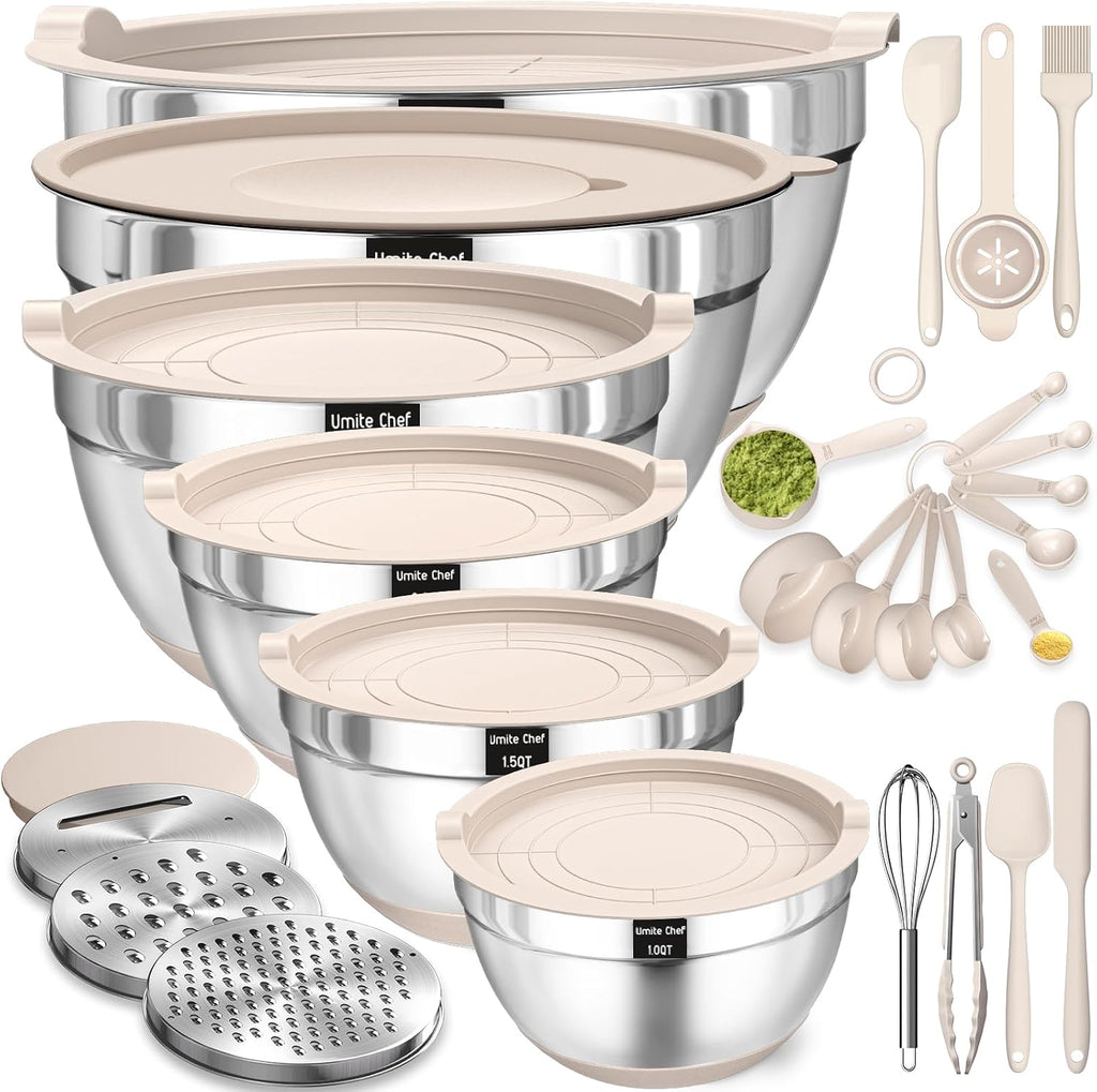 Juego de tazones para mezclar con tapas herméticas, 26 piezas de tazones de acero inoxidable caqui con accesorios para rallador, fondos antideslizantes y juego de utensilios de cocina, tamaños 7, 4