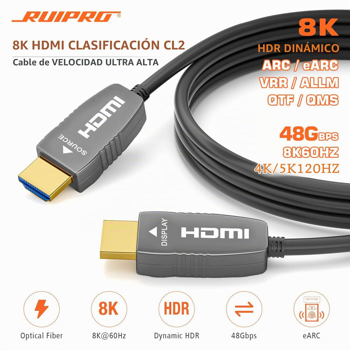 Cable óptico HDMI 8K 2.1 de fibra, Clasificación CL2, 48Gbps, 8K60, 4K120, 50FT