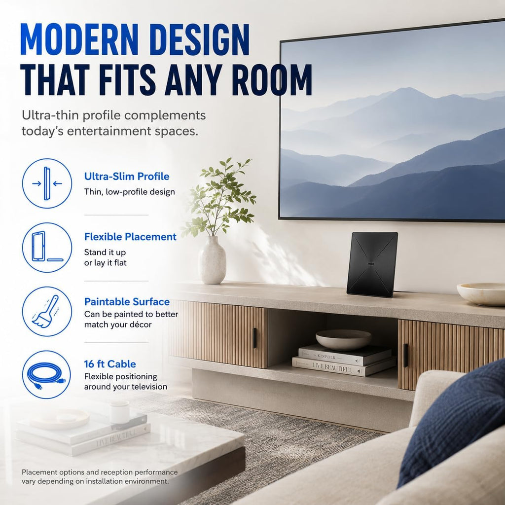 Antena HDTV plana amplificada para interiores RCA - Recepción multidireccional VHF y UHF, 4K/8K, 1080P, alcance de 40 millas - ANT1360E