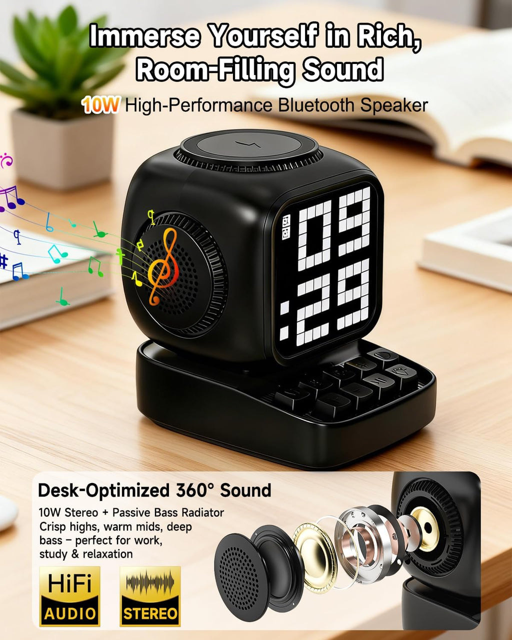 Altavoz Bluetooth 5 en 1 de robot retro: cargador inalámbrico de 15 W, pantalla LED de píxeles, sonido estéreo de 10 W y 15 ruido blanco, reloj despertador, lindo altavoz inalámbrico portátil para