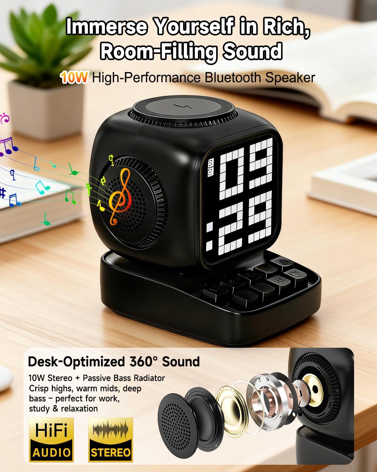 Altavoz Bluetooth 5 en 1 de robot retro: cargador inalámbrico de 15 W, pantalla LED de píxeles, sonido estéreo de 10 W y 15 ruido blanco, reloj despertador, lindo altavoz inalámbrico portátil para