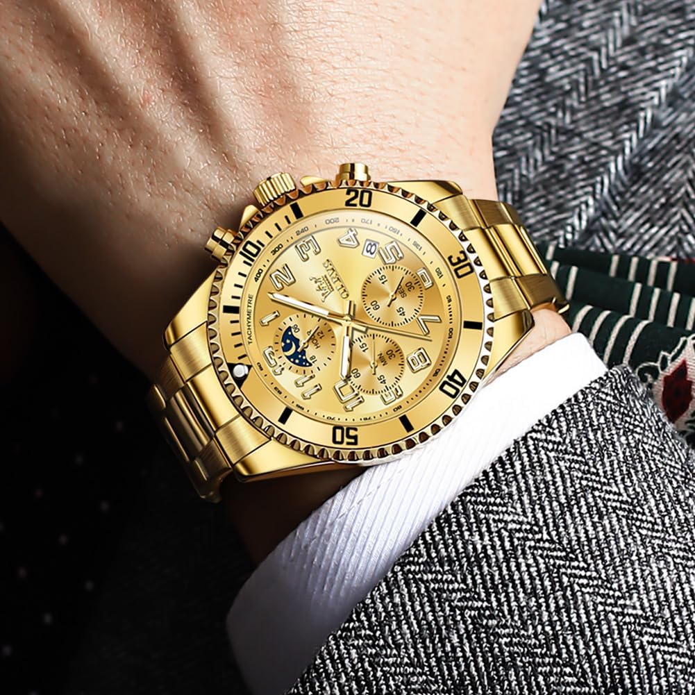 OLEVS Reloj de caballero Cronógrafo de lujo con fases de la luna, dos tonos, acero inoxidable, a prueba de agua, luminiscente, calendario empresarial, reloj de pulsera