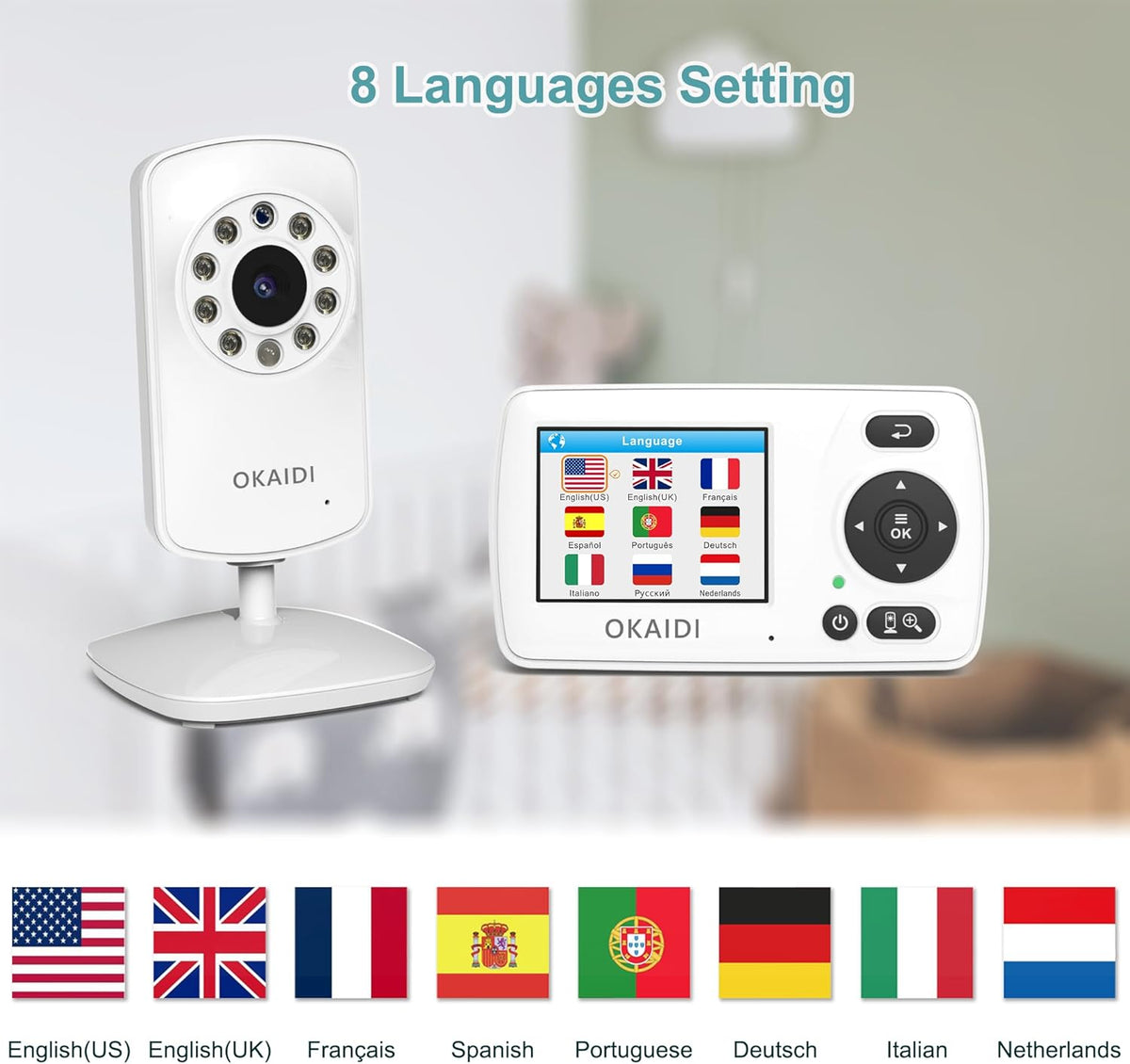 OKAIDI Monitor de video para bebés con 2 cámaras, pantalla de viaje...