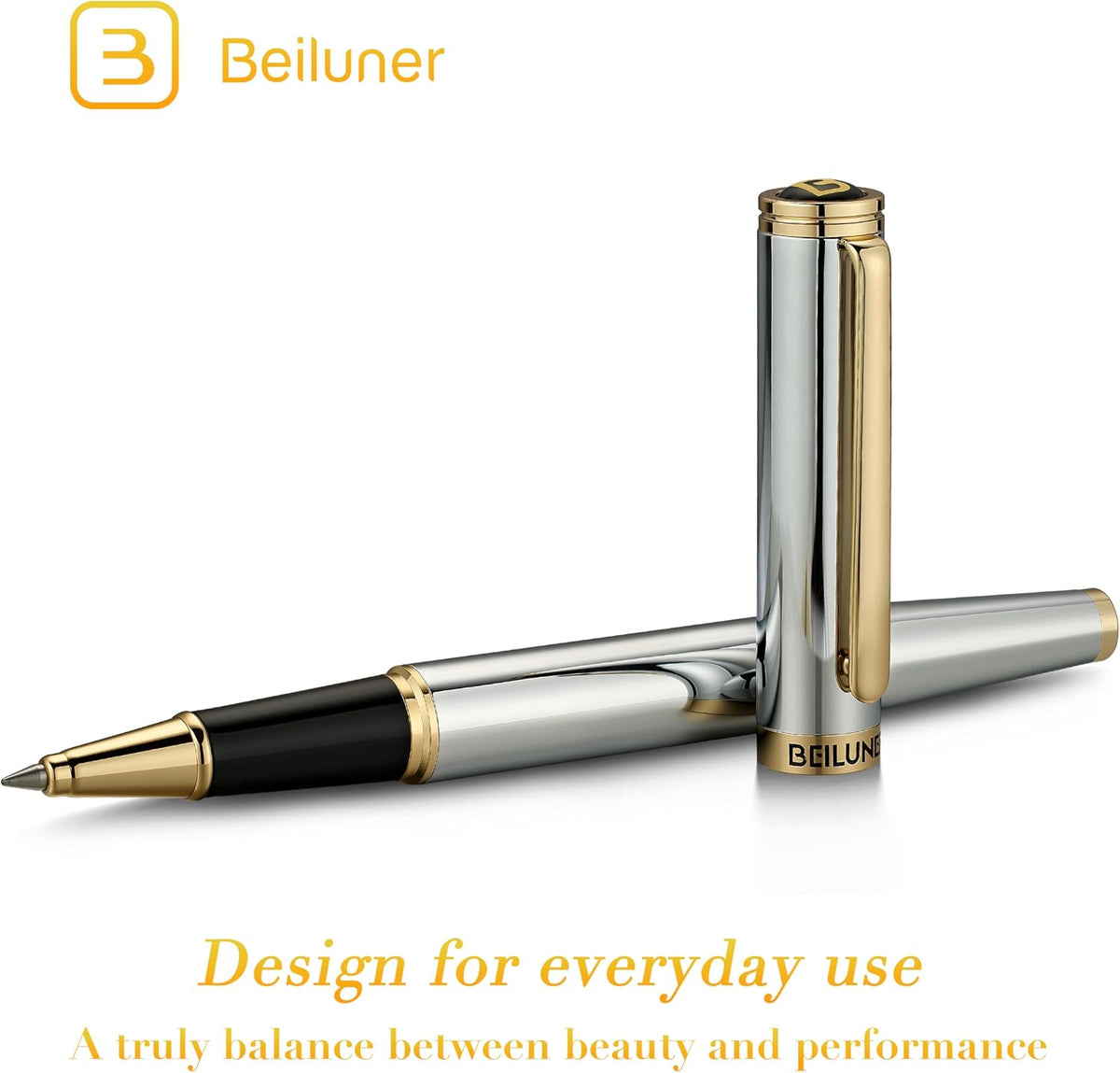 BEILUNER - Bolígrafo de lujo con bola de rodillo, impresionante diseño de cromo plateado con acabado en oro de 24 quilates, diseños nobles y elegantes, repuesto de tinta Schneider, el mejor bolígrafo