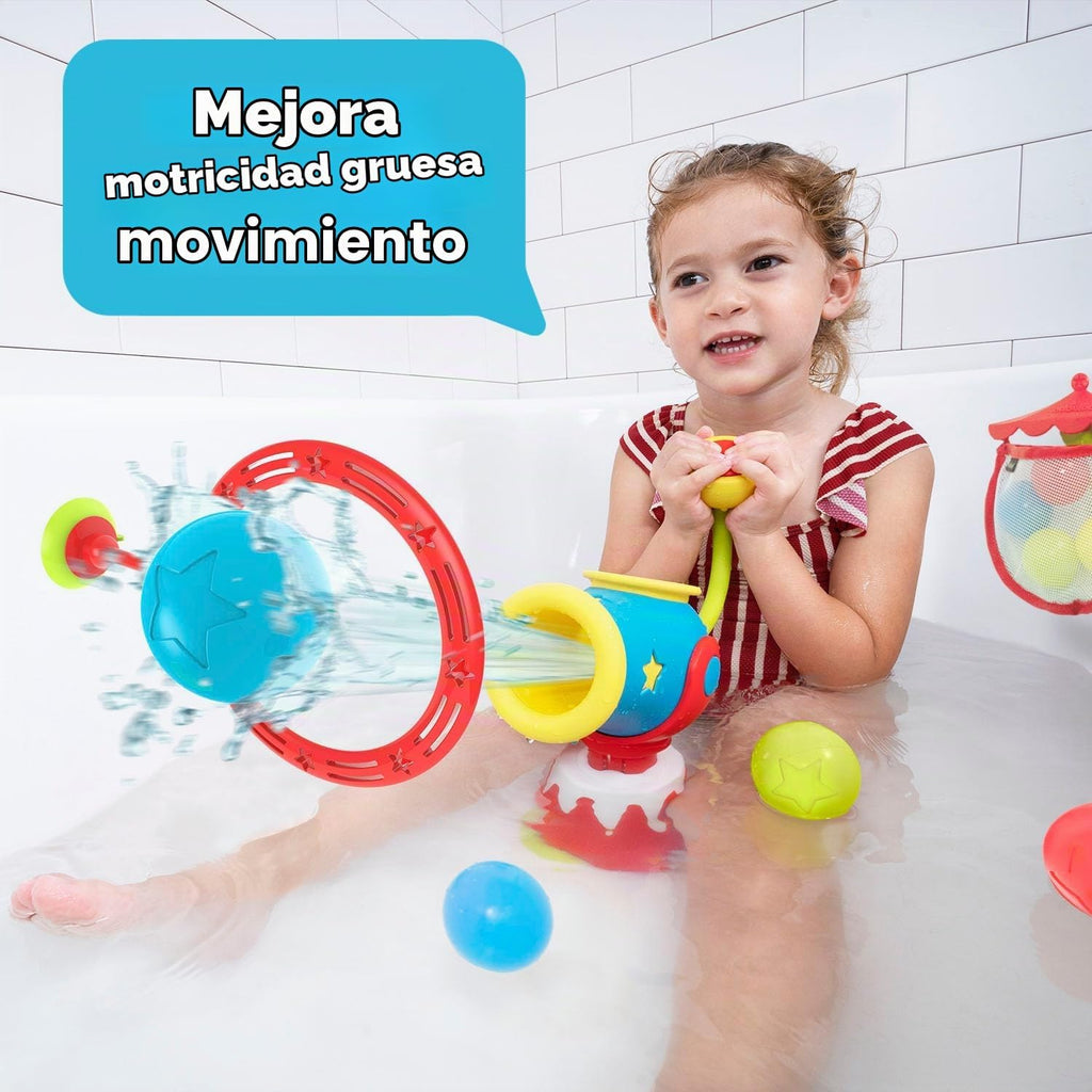 Yookidoo Juguetes de baño para niños pequeños (de 4 a 8 años) – Lanzador de bolas de cañón de agua – Ventosas para cualquier bañera o ducha – Incluye 5 bolas y aro para disparar – ¡Convierte la hora