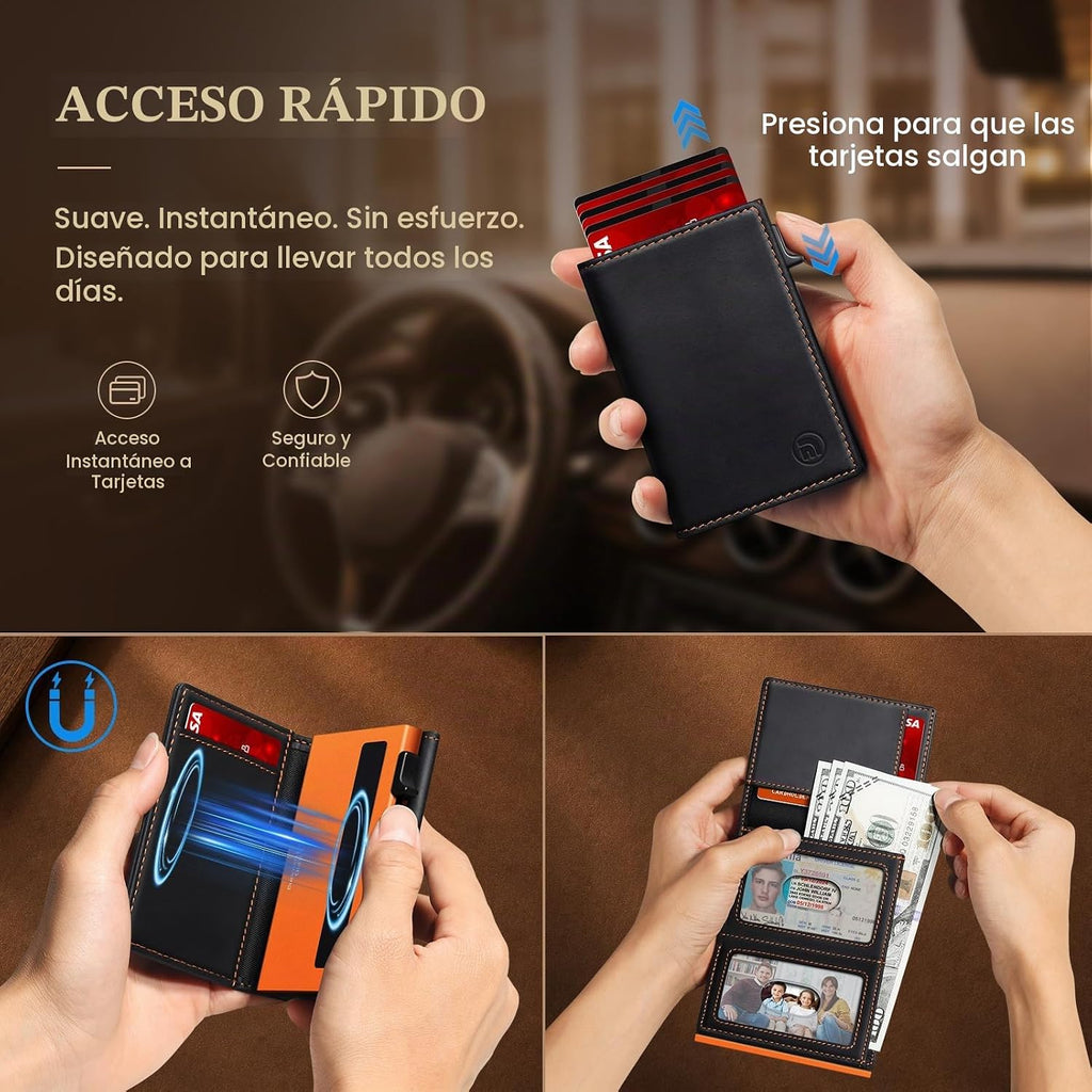 Cartera de cuero de grano completo para hombre, con 2 ventanas de identificación, bloqueo RFID, triple plegable, tarjetero desplegable para tarjetas de crédito, cartera para 9-11 tarjetas