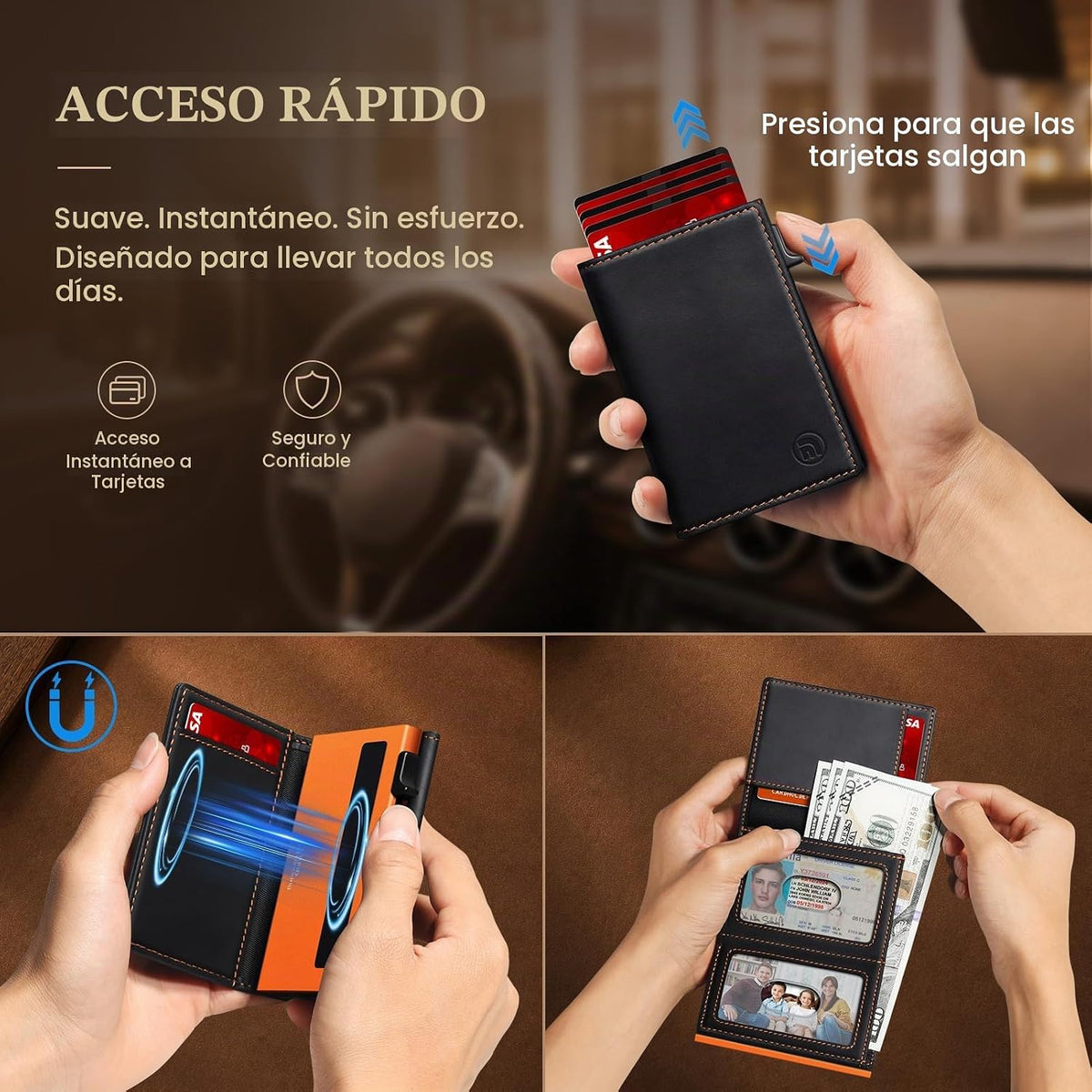 Cartera de cuero de grano completo para hombre, con 2 ventanas de identificación, bloqueo RFID, triple plegable, tarjetero desplegable para tarjetas de crédito, cartera para 9-11 tarjetas