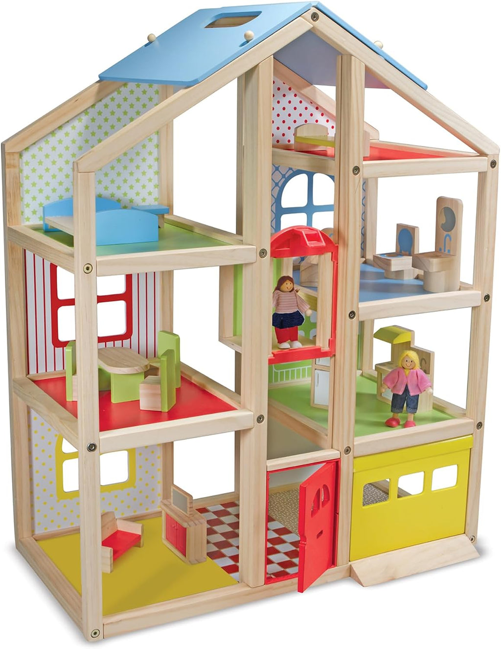Melissa & Doug Casa de muñecas de madera Hi-Rise con muñecas y muebles de