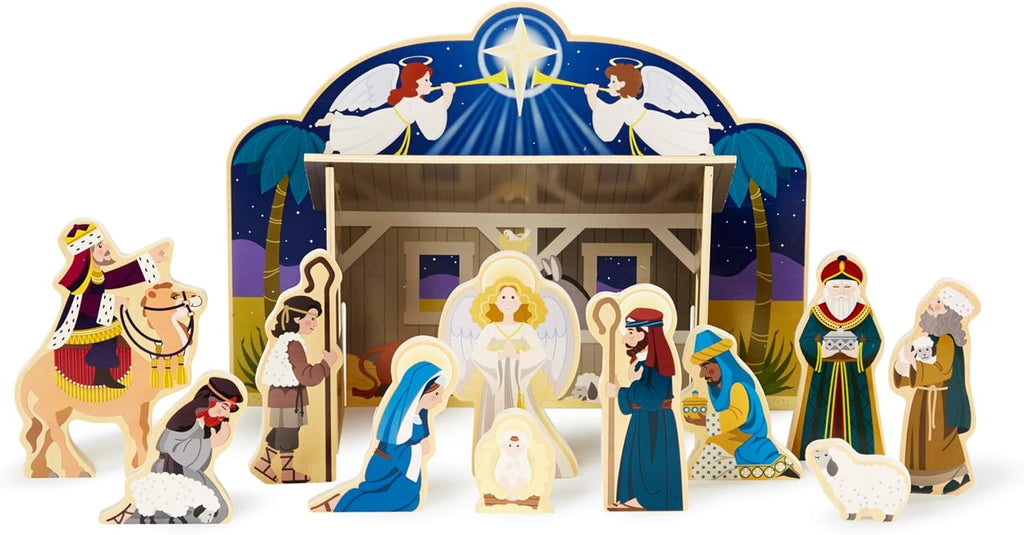 Clásico set de Navidad de Melissa & Doug, de madera, con establo de 4 piezas y 11 figuras de madera