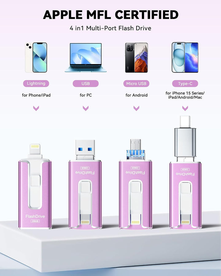 Unidad flash con certificación MFi para iPhone iPad de 256 GB, barr...