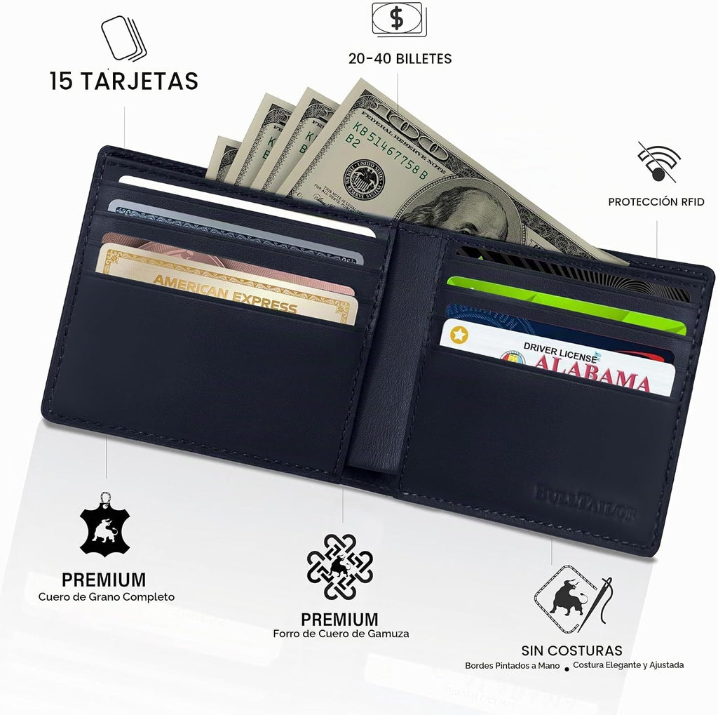 Billetera de cuero de grano completo para hombre, minimalista, delgada, plegable, con bloqueo RFID, con bolsillo para efectivo, 8 ranuras para tarjetas (azul zafiro)