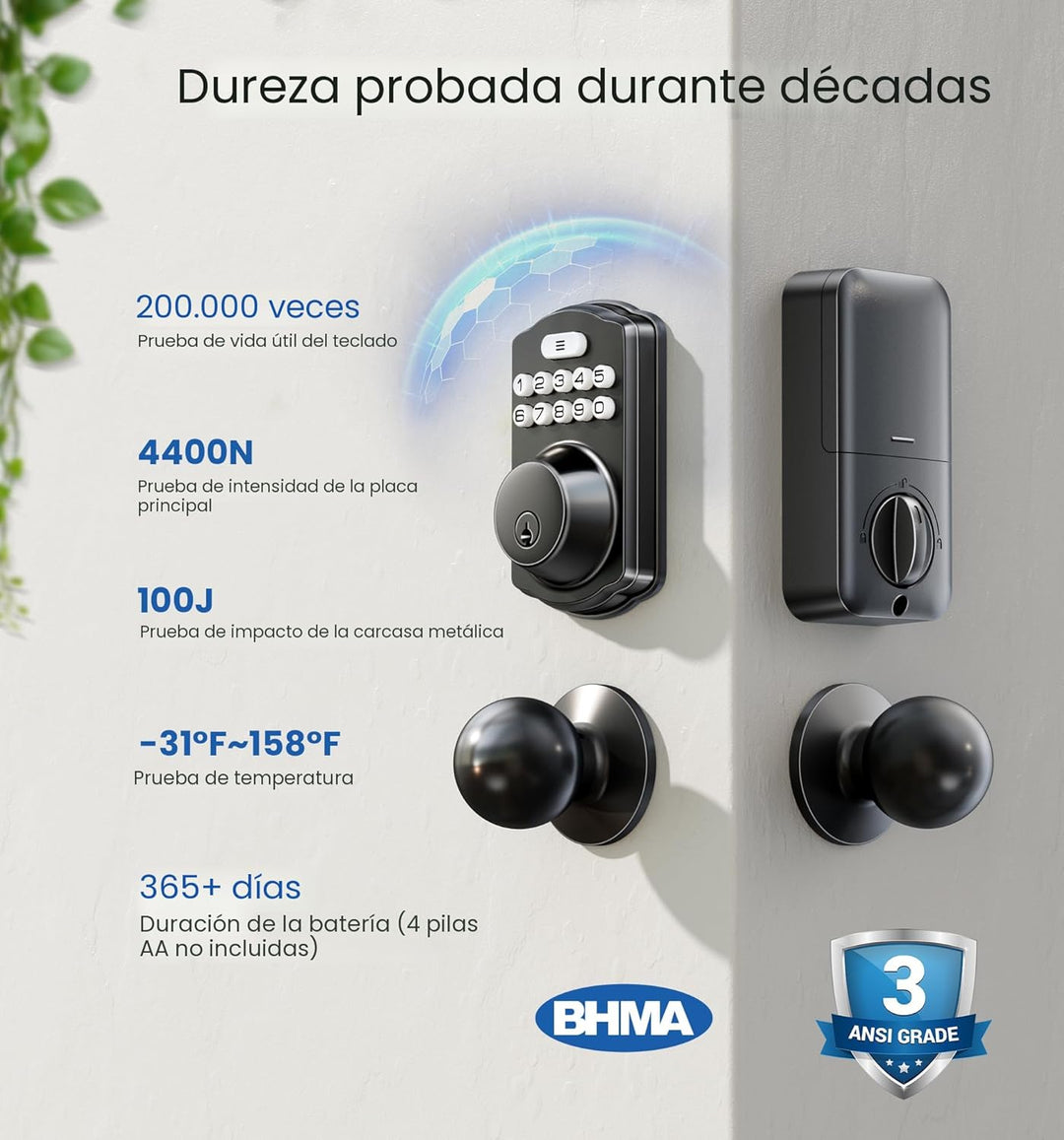 Veise Cerradura de puerta de entrada sin llave con 2 perillas, cerr...