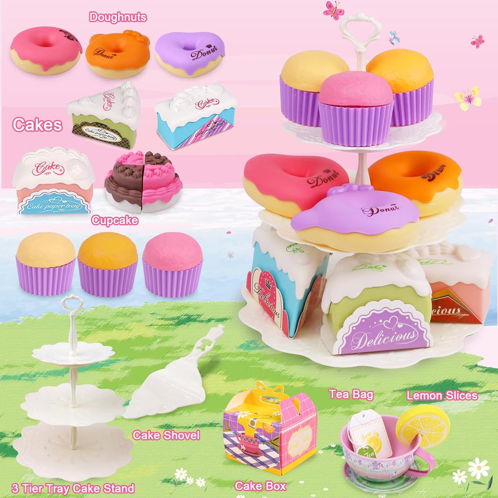 Juego de té para niñas pequeñas, 50 piezas de juguete de princesa para fiestas de té, incluye postre, galletas, dona, bandeja de tetera, pastel, mantel y funda de transporte, juego de