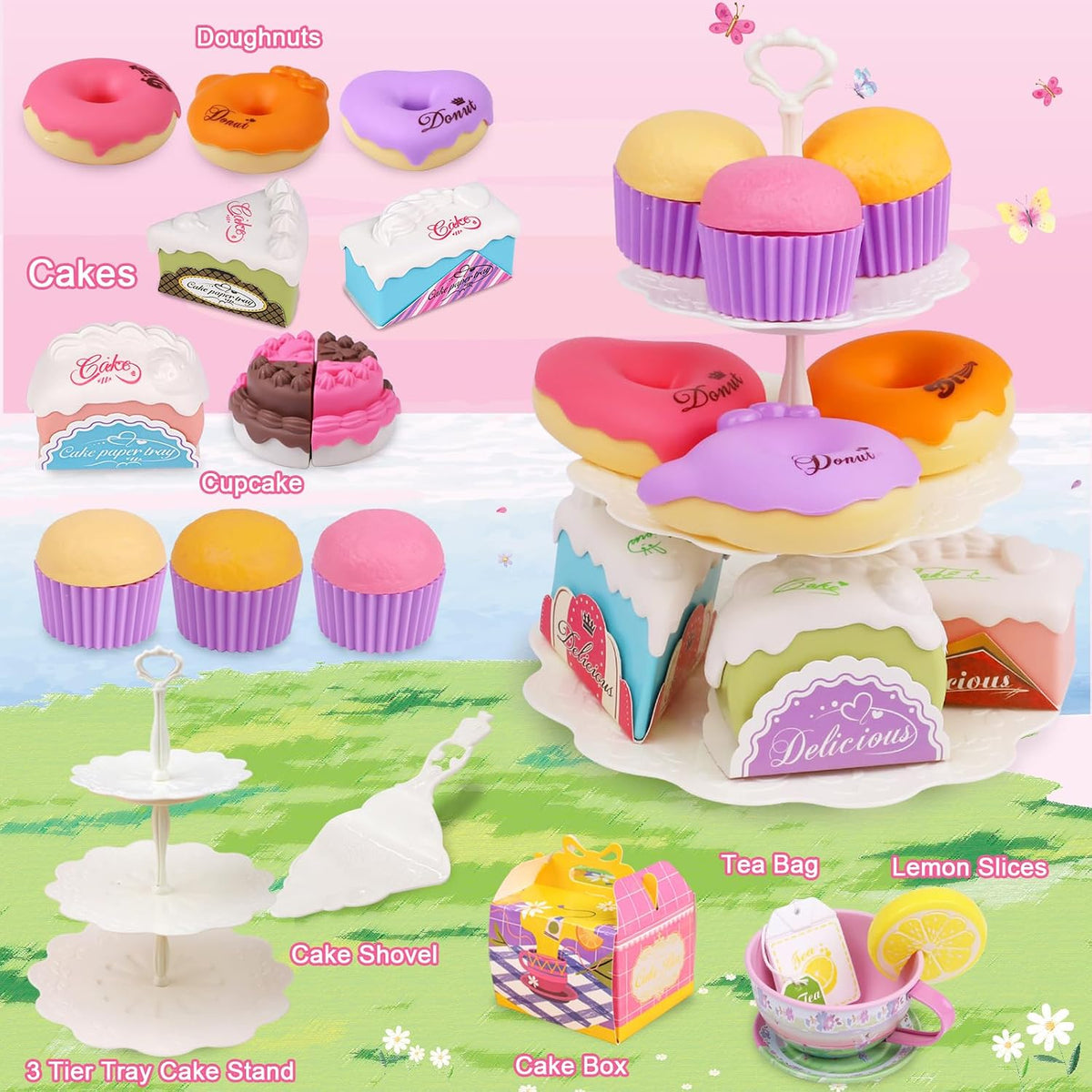 Juego de té para niñas pequeñas, 50 piezas de juguete de princesa para fiestas de té, incluye postre, galletas, dona, bandeja de tetera, pastel, mantel y funda de transporte, juego de