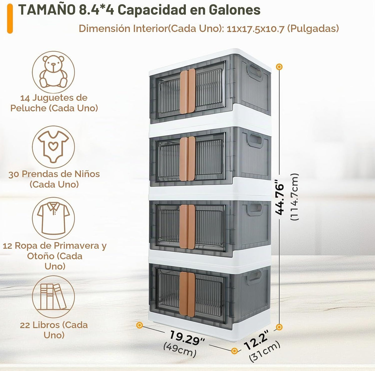 Caja de almacenamiento, Gabinete de plástico, 8.4 galones (32 L) cada uno, 4 packs