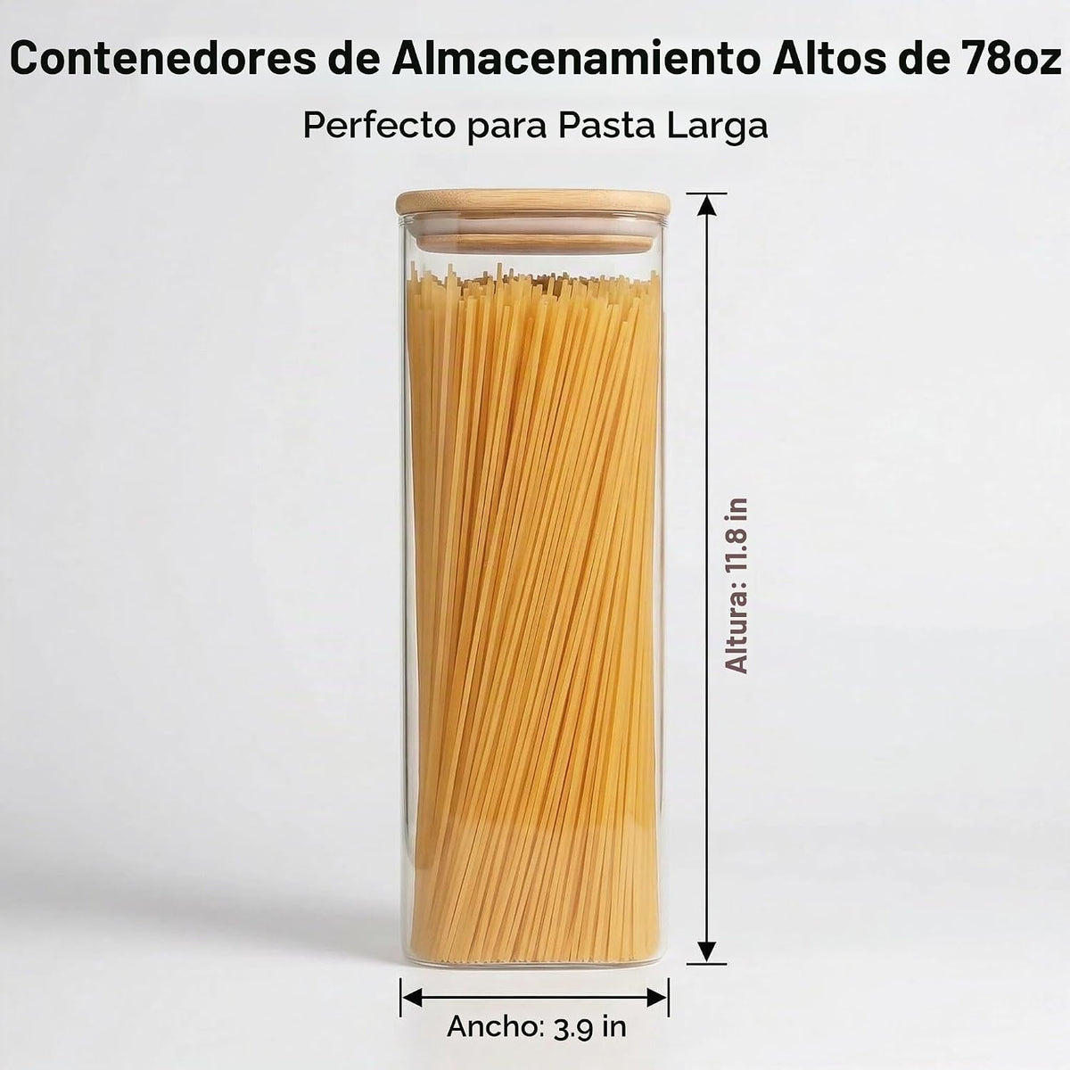 Recipientes de almacenamiento de pasta, paquete de 3, recipiente cuadrado hermético de vidrio para espaguetis de 78 onzas con tapas de bambú, tarro alto de almacenamiento de pasta de vidrio