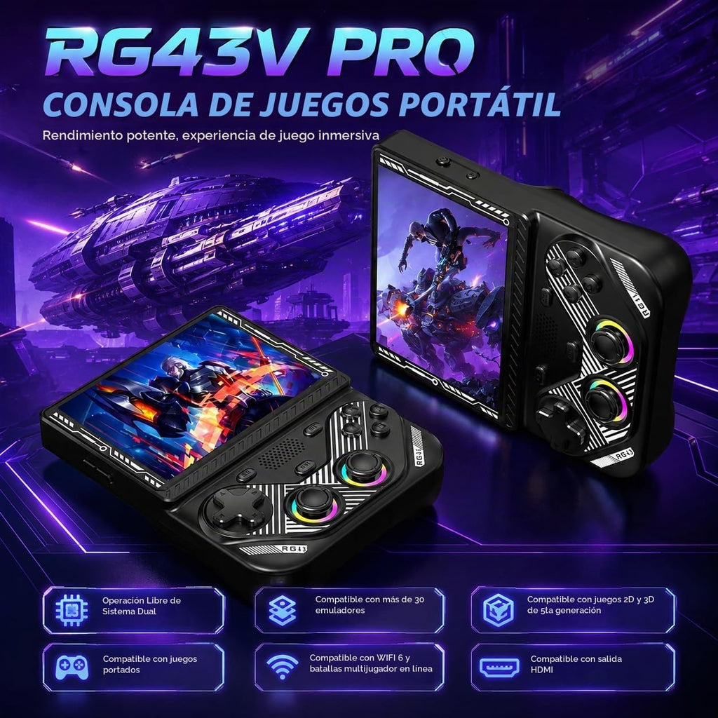 RG43V Pro - Consola de juegos portátil retro, pantalla IPS HD de 4.3 pulgadas, procesador de cuatro núcleos RK3562, soporte de 64 GB, más de 30 emuladores y más de 22000 juegos, multijugador WiFi 6