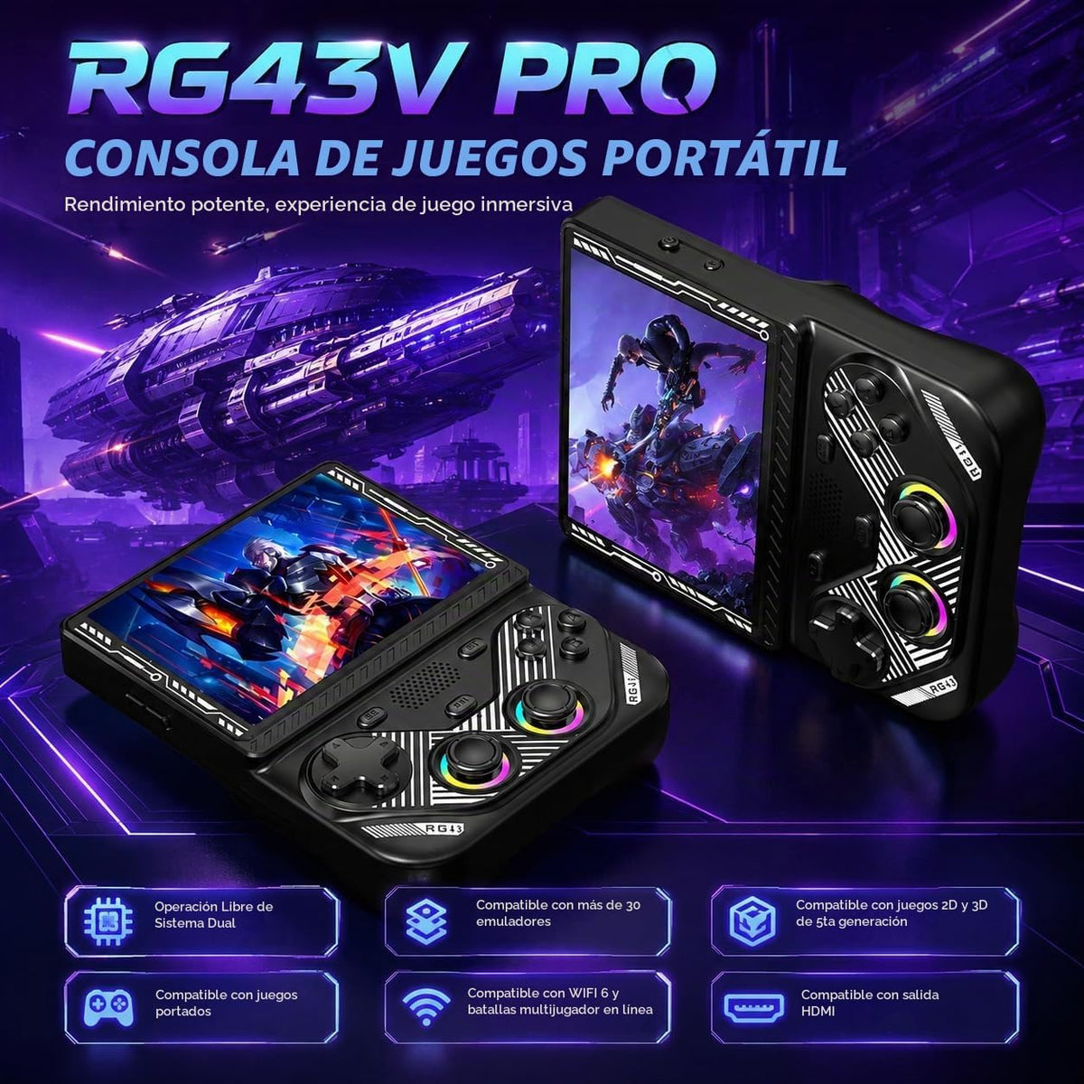 RG43V Pro - Consola de juegos portátil retro, pantalla IPS HD de 4.3 pulgadas, procesador de cuatro núcleos RK3562, soporte de 64 GB, más de 30 emuladores y más de 22000 juegos, multijugador WiFi 6
