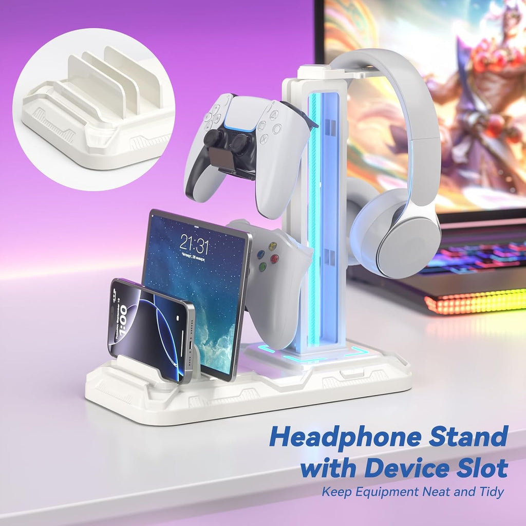 Soporte para Auriculares KDD con Estación de Carga - Soporte Desmontable para Controlador con 9 Modos de Iluminación - Percha Giratoria para Auriculares con Puertos Cargador USB A y C - Gancho para Audífonos para Almacenamiento de Accesorios de Juego para