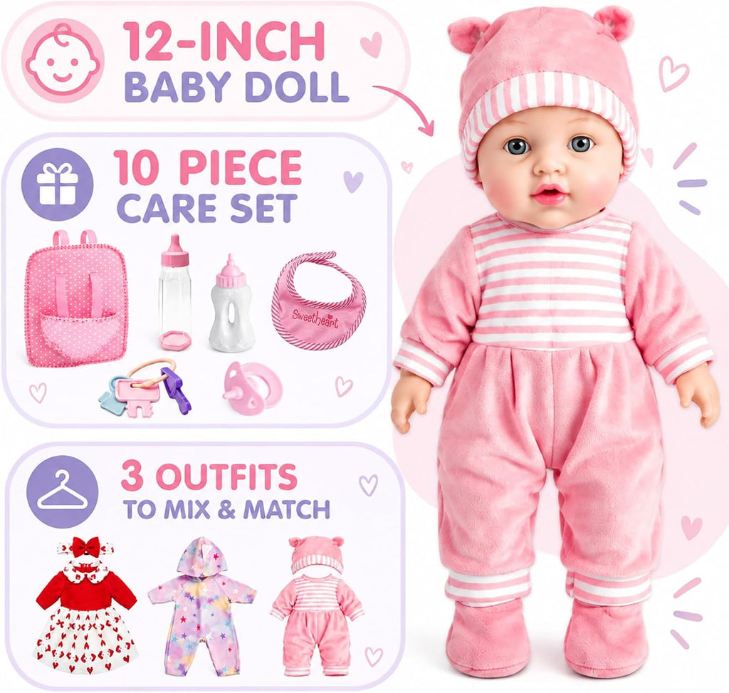 AuntyFey Juego de muñecas de bebé de 12 pulgadas, moisés para muñeca con