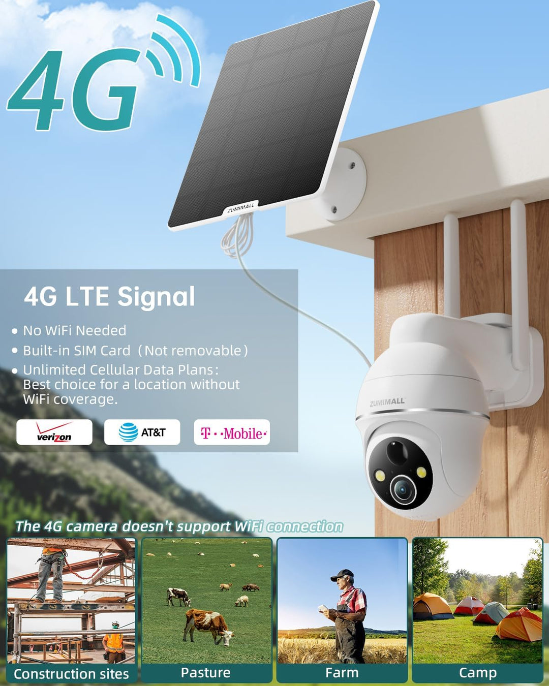 ZUMIMALL Cámara de seguridad celular 4G LTE, sin cámara WiFi para e...