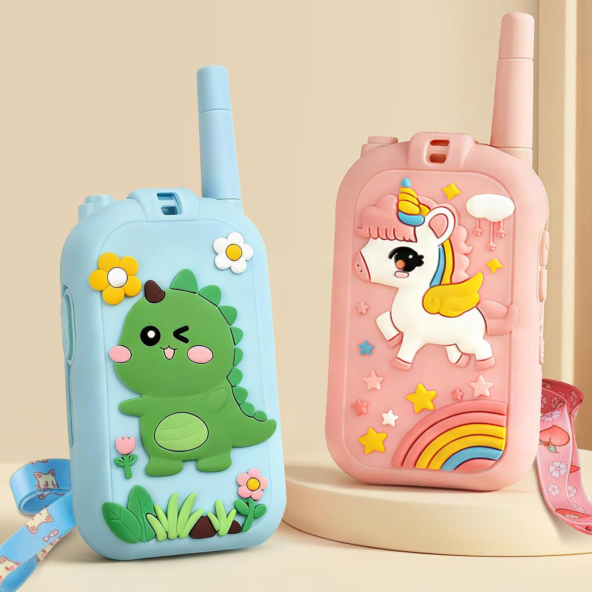 Walkie Talkies de video para niños, paquete de 2 recargables, Dinosaurio Azul / Unicornio Rosa